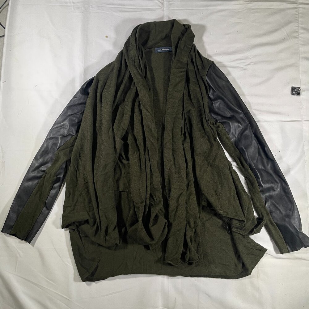 Zara Knit Faux Leather Open Front Cardigan Green & Black Womens Size US 6